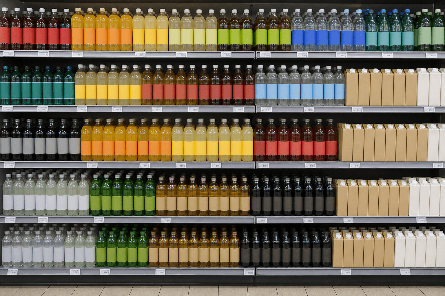 Photo frontale d’un rayon de boissons, avec les facings marqués